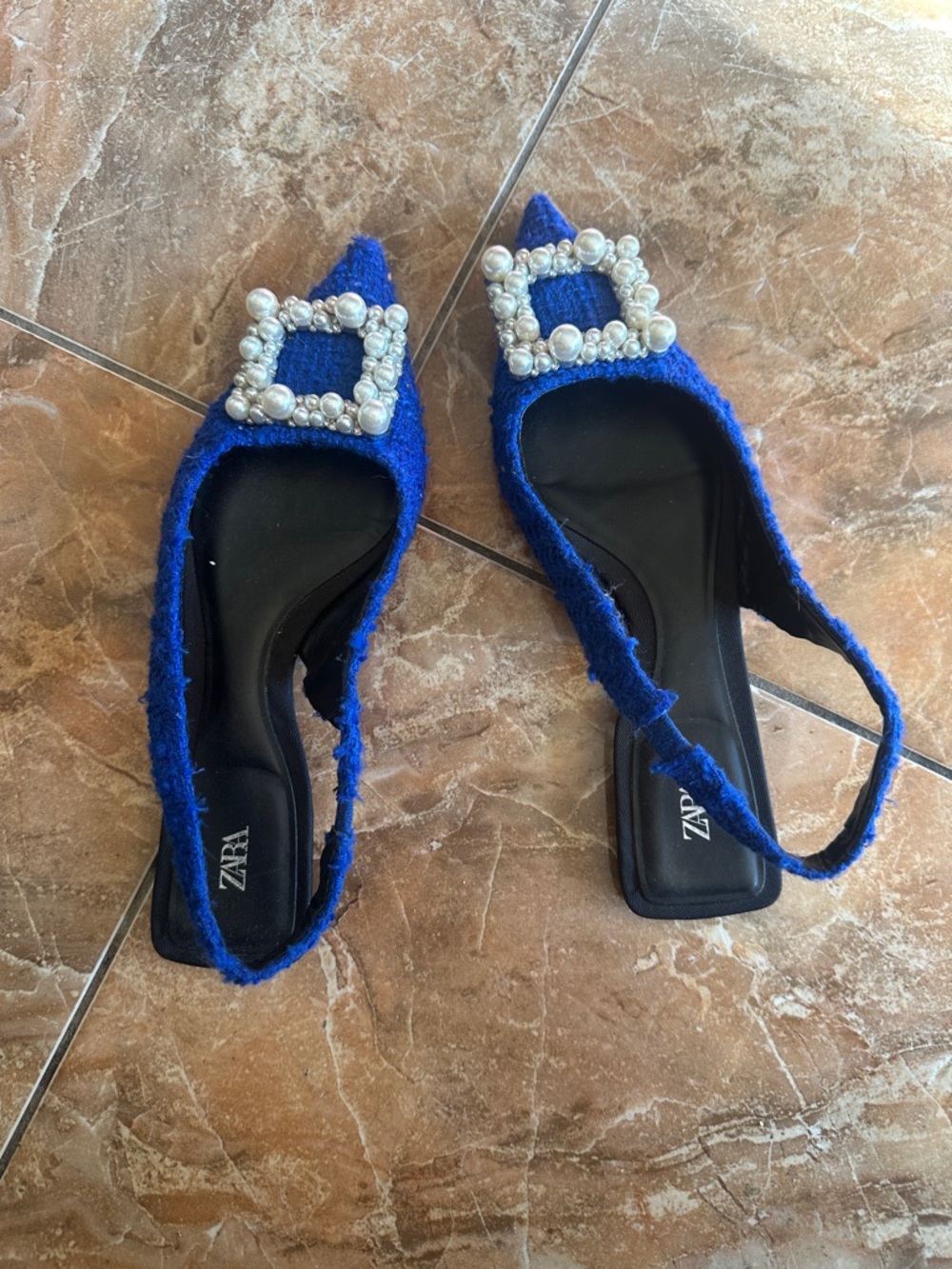 Zara Royal Blue Pearl-Embellished Tweed Slingback Flats